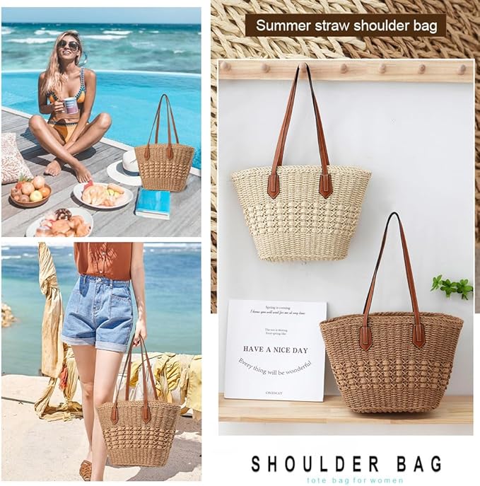 Straw Beach Bags for Women Woven Beach Tote Bag Casual Boho Large Shoulder - Image 5