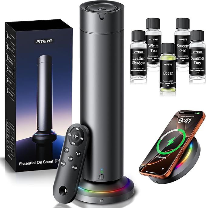 Waterless Scent Diffuser Kit Include 5x20ml Essential Oils, Essential Oil Diffuser for Home, Hotel & Office, APP&Remote Control, Quiet Operation, Pets and Kids Friendly, Max Coverage 1500 Sq Ft