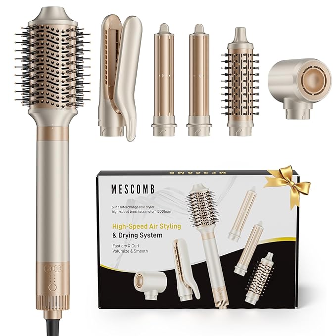MESCOMB 6-in-1 Hot Air Styler – Hair Dryer with Straightener, Auto Curler & Volumizing Brush for Straightening, Curling, Smoothing & Volume, Damage-Free (Champagne Coffee)