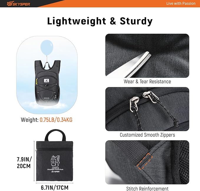 SKYSPER 15L/20L Foldable Hiking Backpack Lightweight Packable Travel Daypack - Image 3