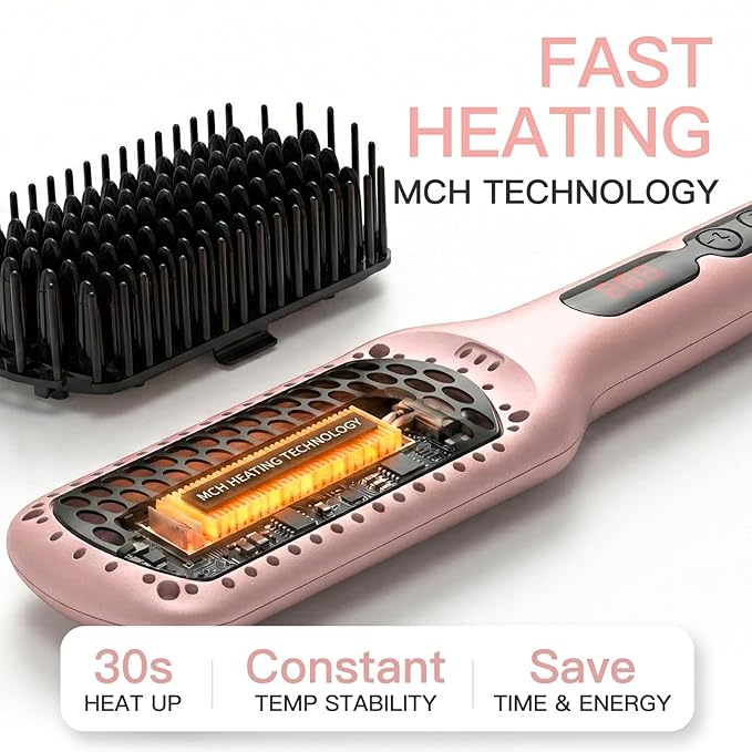MEGAWISE Pro Ceramic Ionic Hair Straightener Brush for Home Salon | MCH Fast 20s Heating Tech with Auto-Off Safety | Anti-Scald with Universal Dual Voltage | Rotatable Power Cord