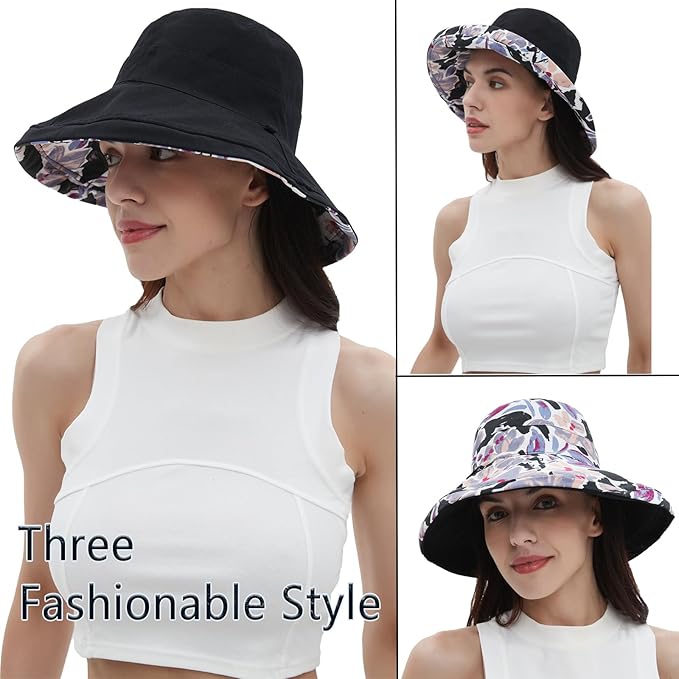 vidsel Womens Sun Hats Wide Brim Reversible Bucket Cotton Hat Packable Summer - Image 5