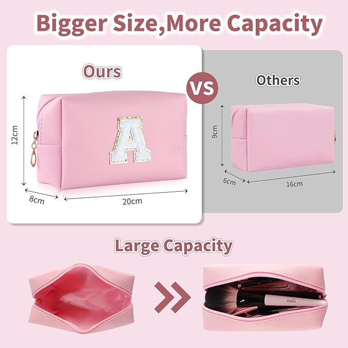 MSQ Personalized Makeup Bag Initial A-Z Patch Bag, PU Leather Cosmetic Bag Pouch Travel Toiletry Bag with Zipper, Gift Ideal for Teen Girls Friend Mom Women Birthday(Pink A)