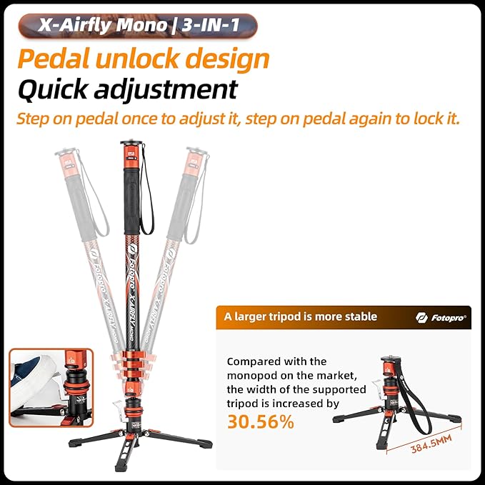 Fotopro Carbon Fiber 3-in-1 Monopod, Max Load 22lbs - Image 5
