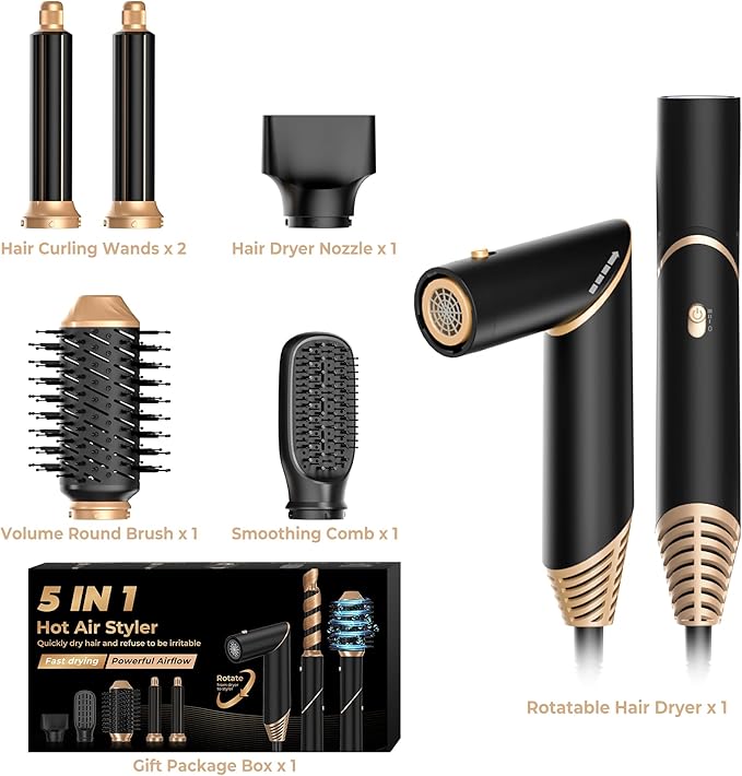 5 in ONE Blow Dryer Brush, Curling Wand Hair Styling Tools Set, Ionic Hot Air Hair Dryer, Massage Oval Hair Dryer, Left&Right Hair Curlers 100-120V