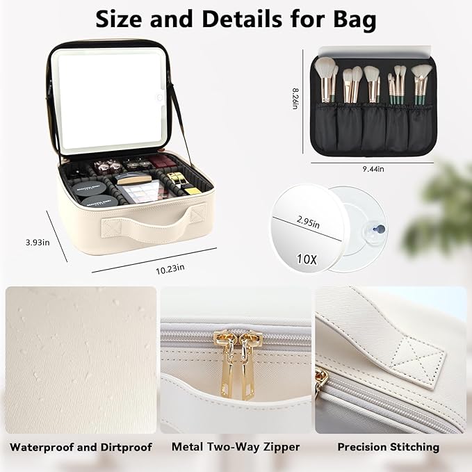 Travel Makeup Bag with LED Mirror and 10x magnifying glass with 3 Lighted - Image 5