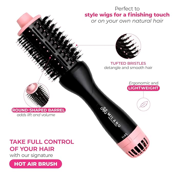 Milano Collection Wig Styling Kit, Hot Air Brush, Gentle Brush, and Teasing Comb, Ideal for Wigs and Natural Hair, includes a Scalp Illusion Duo, a Deluxe Lace Wig Concealer