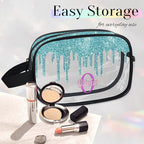 Custom Transparent Travel Toiletry Bag for Women, PVC Large Makeup Bag, Cosmetic Bag, Comestic Essentials for Women, Water Flow Shape Aqua Blue Shiny Glittering