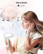 Hair Dryer, High-Speed Ionic Low Noise Blow Dryer with Brushless Motor for Fast Drying, Thermo-Control Quiet Compact Hair Blow Dryer with Magnetic Diffuser for Curly Hair for Home Travel Salon