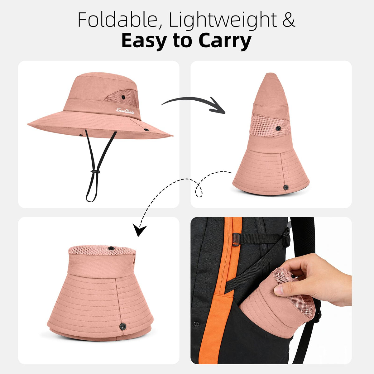 Ponytail Sun Bucket Hats for Women UV Protection Foldable Wide Brim (1 Pack-pure Pink)