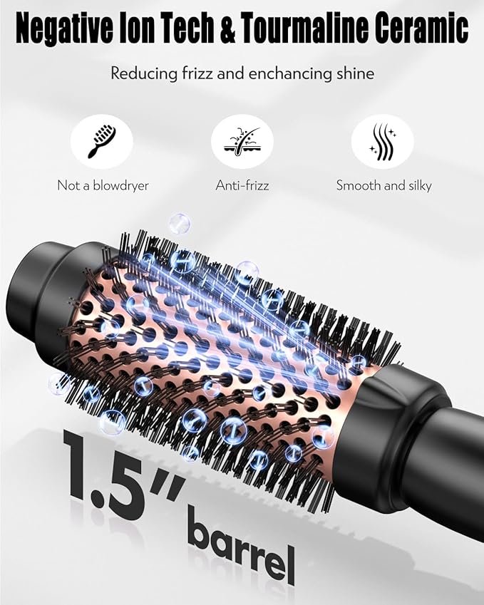 Thermal Round Brush, 1.5 inch Blowout Brush with Ceramic Barrel & Negative Ions Tech Makes Hair Smoother Get Natural Curls, Heated Styler Tool for All Hair Type, Dual Voltage