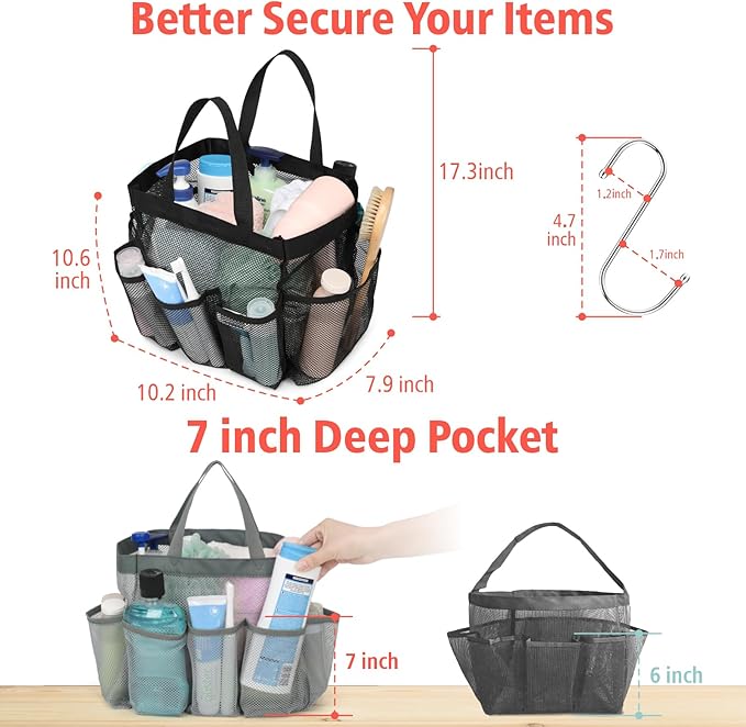 F-color Mesh Shower Caddy Portable, Upgrade Deeper 7 Pockets Shower Bag Basket - Image 4