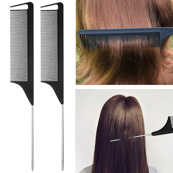 8Pcs Black Hair Brushes Set with 4Pcs Topsy Tail Tools, Teasing Bristle Brush, Edge Control Brush, and 2Pcs Metal Pin Rat Tail Combs for Women's Hair Styling and Brushing