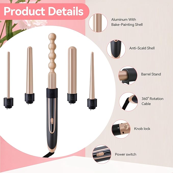 Curling Wand 5 in 1 Hair Curlers Iron Set with 5 Interchangeable Ceramic Tourmaline Barrel for Long Short Hair Styles Curling Irons Set Fast Heating Hair Cripmer for Women Gift