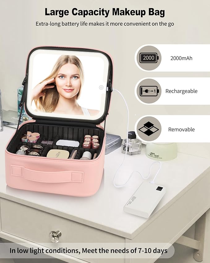 Makeup Bag With LED Mirror, Travel Makeup Case with Light up Mirror Large - Image 8