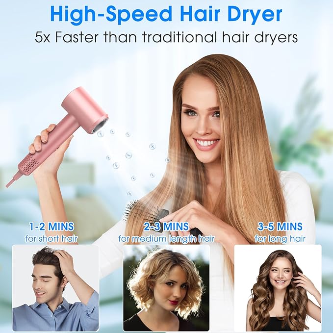 Hair Dryer, 1500W High Speed 110000 RPM Blow Dryer with Plasma Tech (Positive+Negative Ionic), LCD Display, 5 Modes, Thermo-Control, Low Noise, Fast Drying Hair Dryer for Home or Travel (Rose Gold)