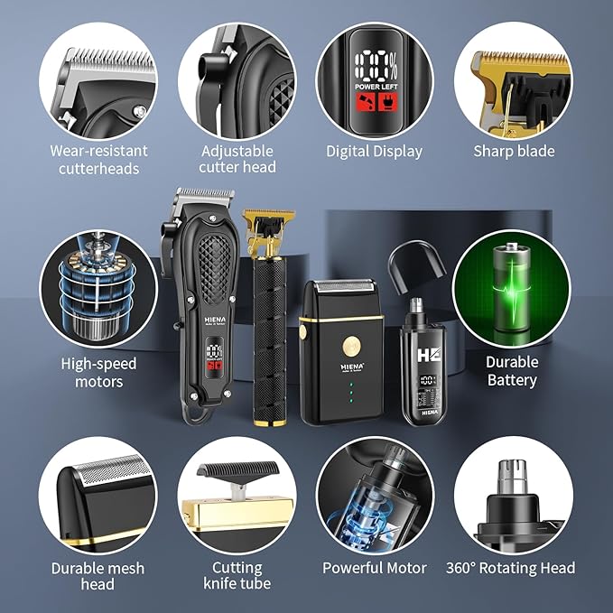 HIENA PRO Hair Clippers for Men Professional, Cordless Barber Clipper & T-Blade Beard/Hair Trimmer Set, Electric Razor Foil Shaver Nose Trimmer Barber Kit, Men's Hair Cutting Kit with 8 Guide Combs