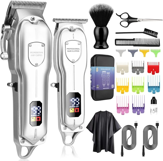 Karrte Professional Hair Clippers and Trimmer Kit,Cordless Hair Cutting Kit,Barber Supplies for Men Beard Trimmer Mens Grooming Kit Accessories (Silver)