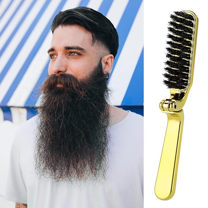 Foldable Boar Bristle Hair Brush, Small Folding Hairbrush Collapsable Mini Travel Hair Brush Anti-Static Range Hair Brush for Women, Portable Pocket Comb Hair Styling Tool,Beard Brush for Men (Gold)
