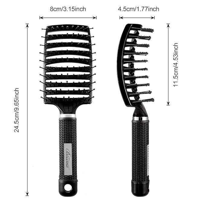 Hair Brush Set, Curved Vented Detangling Hair Brushes for Women Men Kids, Professional Vent Styling Brush for Wet Dry Curly Thick Straight Hair Fast Blow Drying Brush (Black+ White)