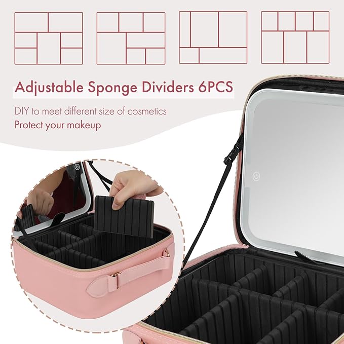 Travel Makeup Bag with LED Mirror Double Layer, Detachable Vanity Mirror with - Image 5