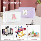 MSQ Personalized Makeup Bag Initial A-Z Patch Bag, PU Leather Cosmetic Bag Pouch Travel Toiletry Bag with Zipper, Gift Ideal for Teen Girls Friend Mom Women Birthday(White A)