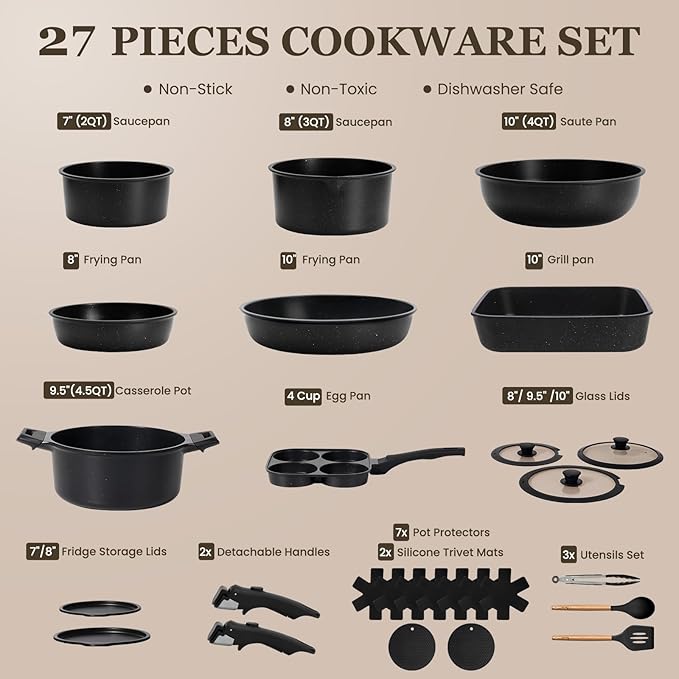 KIKCOIN Pots and Pans Set, 27 Pack Nonstick Cookware Set Detachable Handle - Image 2