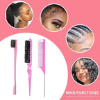 3 Pieces Hair Styling Comb Set Teasing Brush Rat Tail Comb Edge Brush for Edge&Back Brushing, Combing, Slicking Hair for Women (Pink)