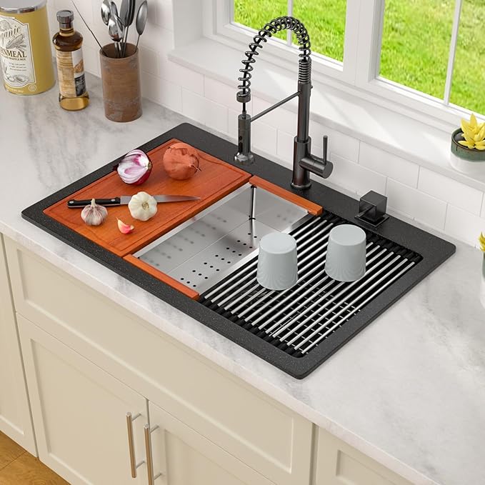 Dcolora 33x22 Drop In Kitchen Sink Black, Granite Composite Black Kitchen Sink - Image 2