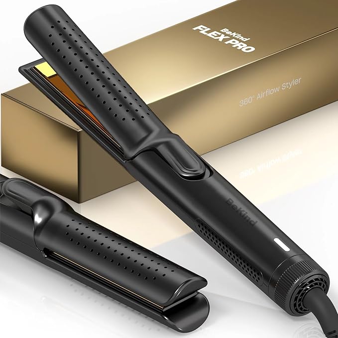 Hair Straightener and Curler 2 in 1 by BeKind Flex, 360° Hair Styler Flat Iron for All Styles, Floating Plates Design, Airflex Lower Temp for Better Styling, Gift for Girls and Women (Black)
