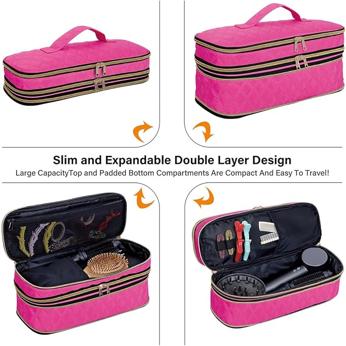 Hair Dryer Travel Carrying Case, Curling Iron Storage Bag, Slim Expandable Handheld Dual-Layer Travel Storage Bag for Dryer/Hair Tool Organizer/Style Organizer