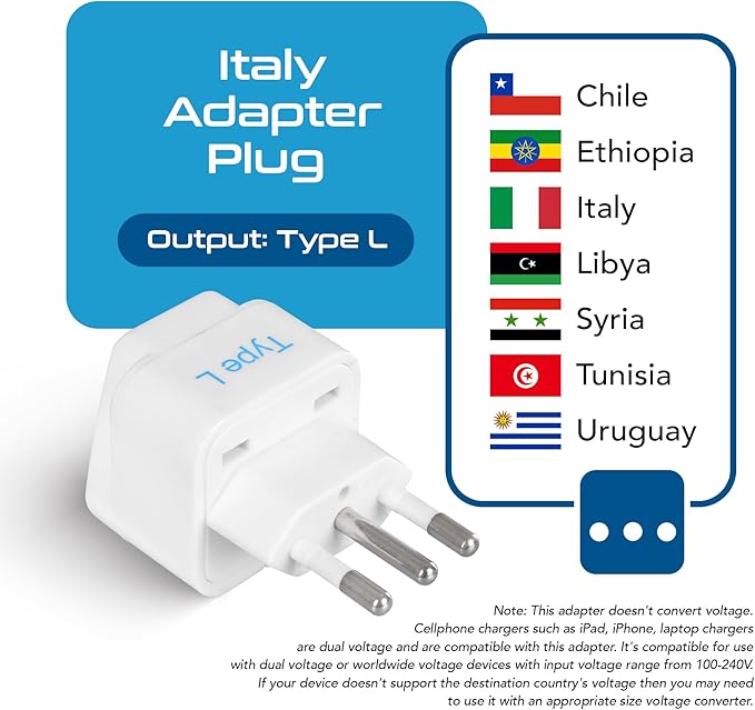 Ceptics Italy Power Adapter, Type L plug adapter, Universal Travel Adapter Chile - Image 2