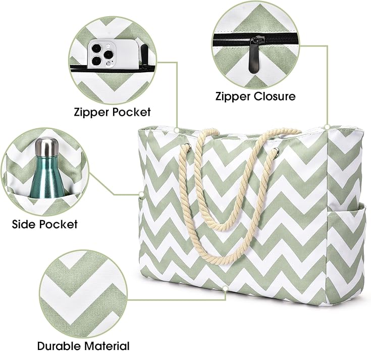 Becokan Beach Bags for Women Large Waterproof Beach Tote Bag Zipper Beach Bags - Image 2