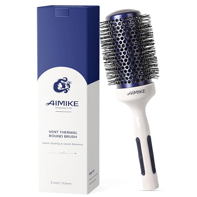 AIMIKE Nano Ionic Tech Large Round Brush, Ceramic Brush for Blow Drying, Styling and Boosting Volume, Natural Wood Handle - 2 Inch/52mm
