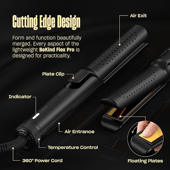 Hair Straightener and Curler 2 in 1 by BeKind Flex, 360° Hair Styler Flat Iron for All Styles, Floating Plates Design, Airflex Lower Temp for Better Styling, Gift for Girls and Women (Black)
