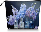 Cosmetic Bags Travel Makeup Toilet Case Waterproof Pouch for Women Girls 6.7X9.45inches - Still - Life of Blue - Purple Flowers in Glass Bottles