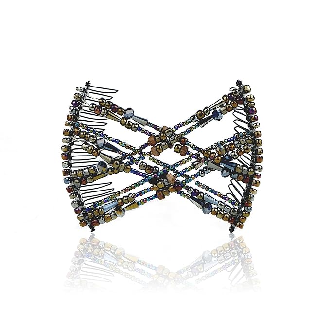Decorative Beaded Fine Wire Hair Clip - Effortless, Adjustable Stretch Double Combs by HairZing No Damage, Creases, or Pain. (Earth - Medium)