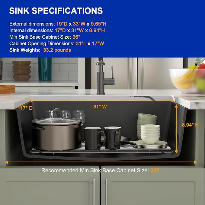 Dcolora 33 Inch Granite Composite Kitchen Sink, Round Corner - Image 6