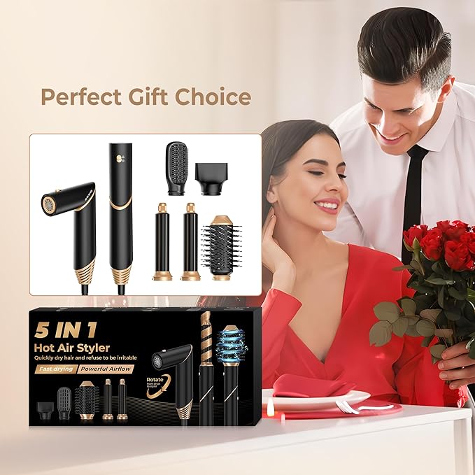 5 in ONE Blow Dryer Brush, Curling Wand Hair Styling Tools Set, Ionic Hot Air Hair Dryer, Massage Oval Hair Dryer, Left&Right Hair Curlers 100-120V