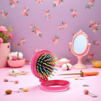 Pink Women Mini Round Folding Comb With Mirror Compact Travel Hairbrush Pop Up Brush Decor Candy-Colored Clamshell Airbag Comb Hair Brushes Styling Tools Appliances