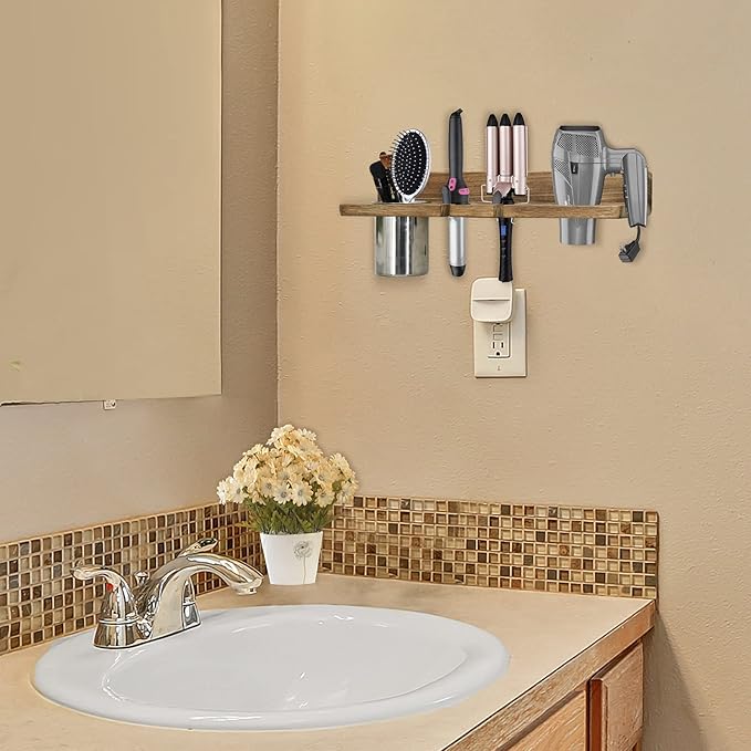 Bathroom Wall Mounted Hair Dryer Holder Hair Care & Styling Tool Organizer, Farmhouse Wooden Beauty Hair Appliance Holder for Flat Iron, Curling Wand, Hair Straighteners, Brushes