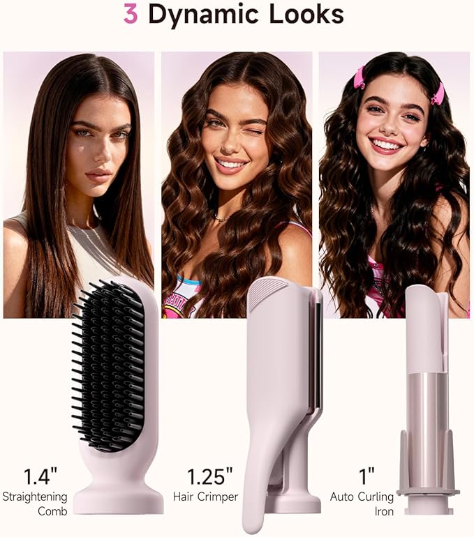 3 in 1 Automatic Curling Iron with Interchangeable 1'' Barrel, Hair Crimper, Straightening Brush, Rotating Ceramic Curling Iron with 3 Temp, 2-Way Rotation, 10S Fast Heating, Dual Voltage