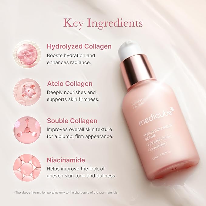 Medicube Triple Collagen Serum 1.85 fl.oz - Nourish dull skin with Triple Collagen Complex - A lightweight serum with Niacinamide and Hyaluronic Acid - Korean Skincare