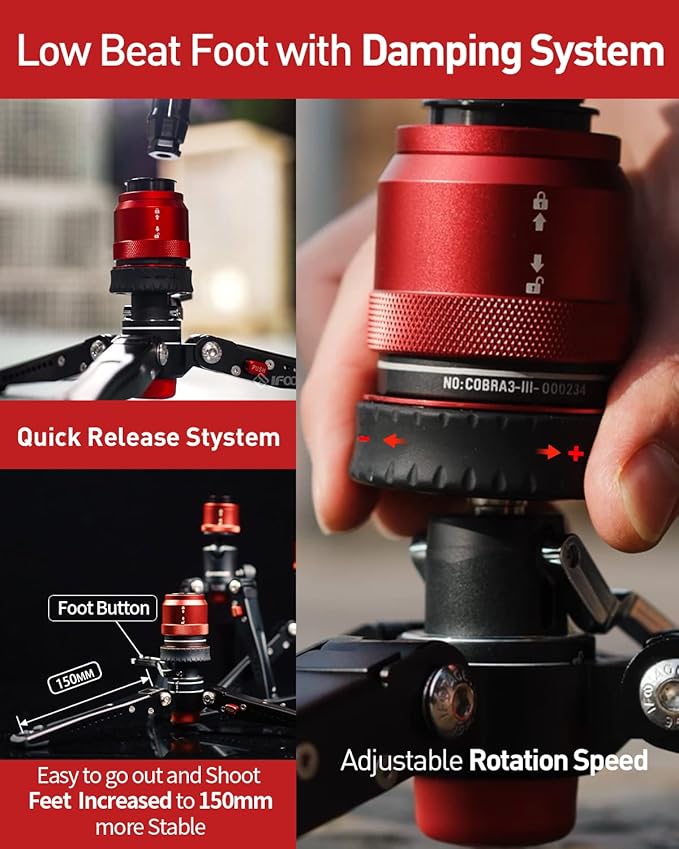 IFOOTAGE Cobra 3 Monopod with Pedal C180F-P with Fulid Head K5S, Carbon Fiber - Image 3