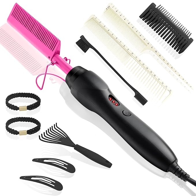 Electric Hot Comb Hair Straightener Heat Pressing Comb Curling Flat Iron Curler Hair Straightener Brush for Natural Black,Anti-Scald Beard Straightening Electric Press Comb (Purple-3-Gear)