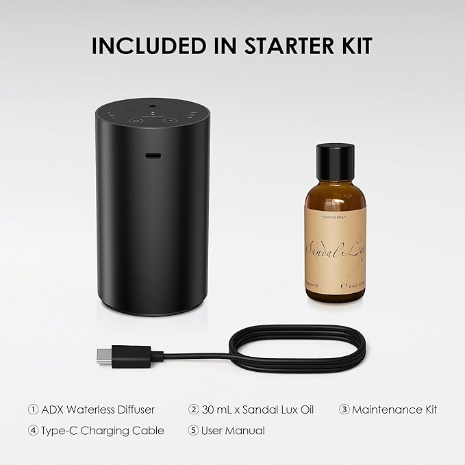 Airversa Waterless Essential Oil Diffuser Starter Kit with 30mL Sandal Lux Fragrance Oil, Premium Metal, Battery Operated Mini Scent Air Machine Portable Diffuser for Home Car Office, Black ADX Kit