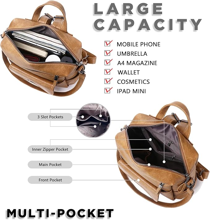 PU Leather Backpack Purse for Women Fashion Multipurpose Design Handbag Ladies - Image 6
