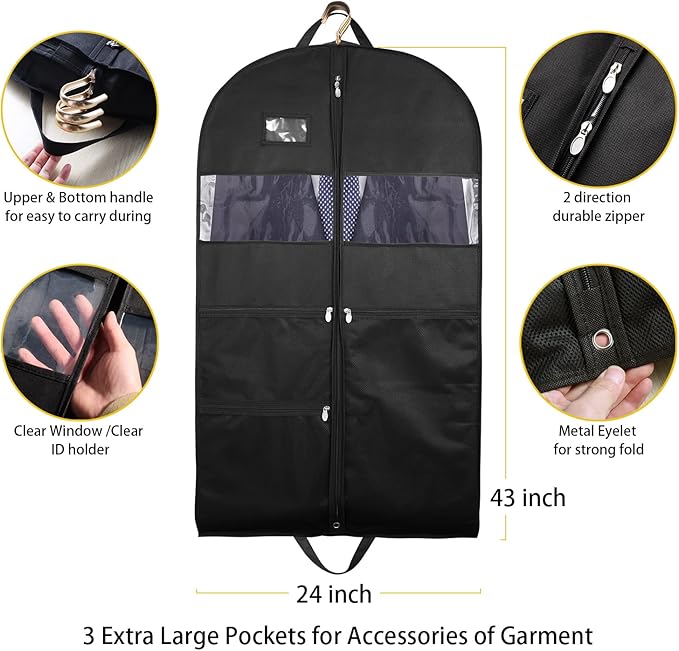 Garment Bags for Travel, 2 Pack 43" Hanging Garment Bags for Men, Double Sides - Image 5