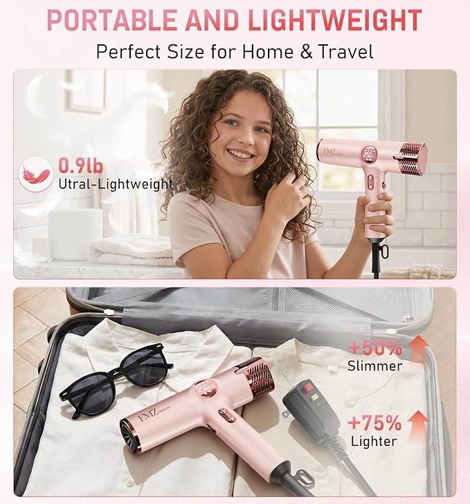 FMZ Professional Hair Blow Dryer with Smart Display, 1875W High Speed BLDC Motor for Fast Drying, Portable Mini Lightweight Quiet, Pink Curly Ionic Diffuser HairDryer for Women Girls Teen Salon Travel