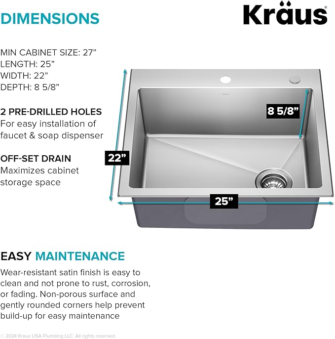 KRAUS Fairlane 25-inch Drop In/Top Mount Single Bowl 18-Gauge Stainless Steel - Image 3